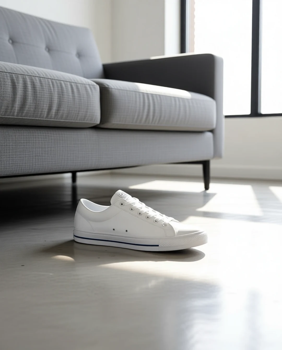 The sneaker staged on a concrete floor beside a grey sofa