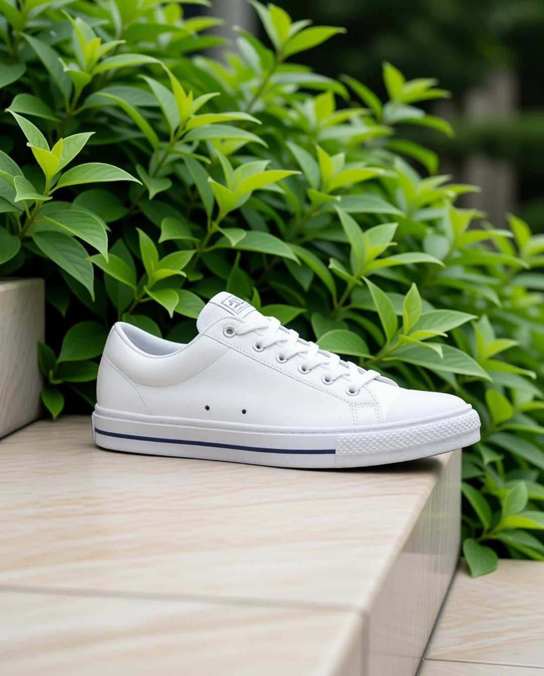 The sneaker resting on a stone step beside green foliage