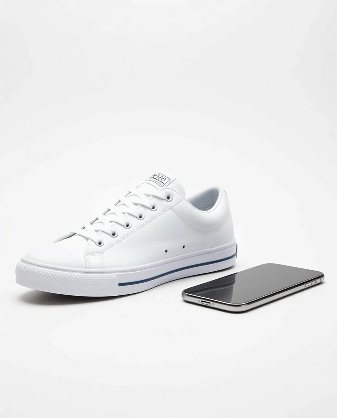 The sneaker beside a smartphone for real-world size reference