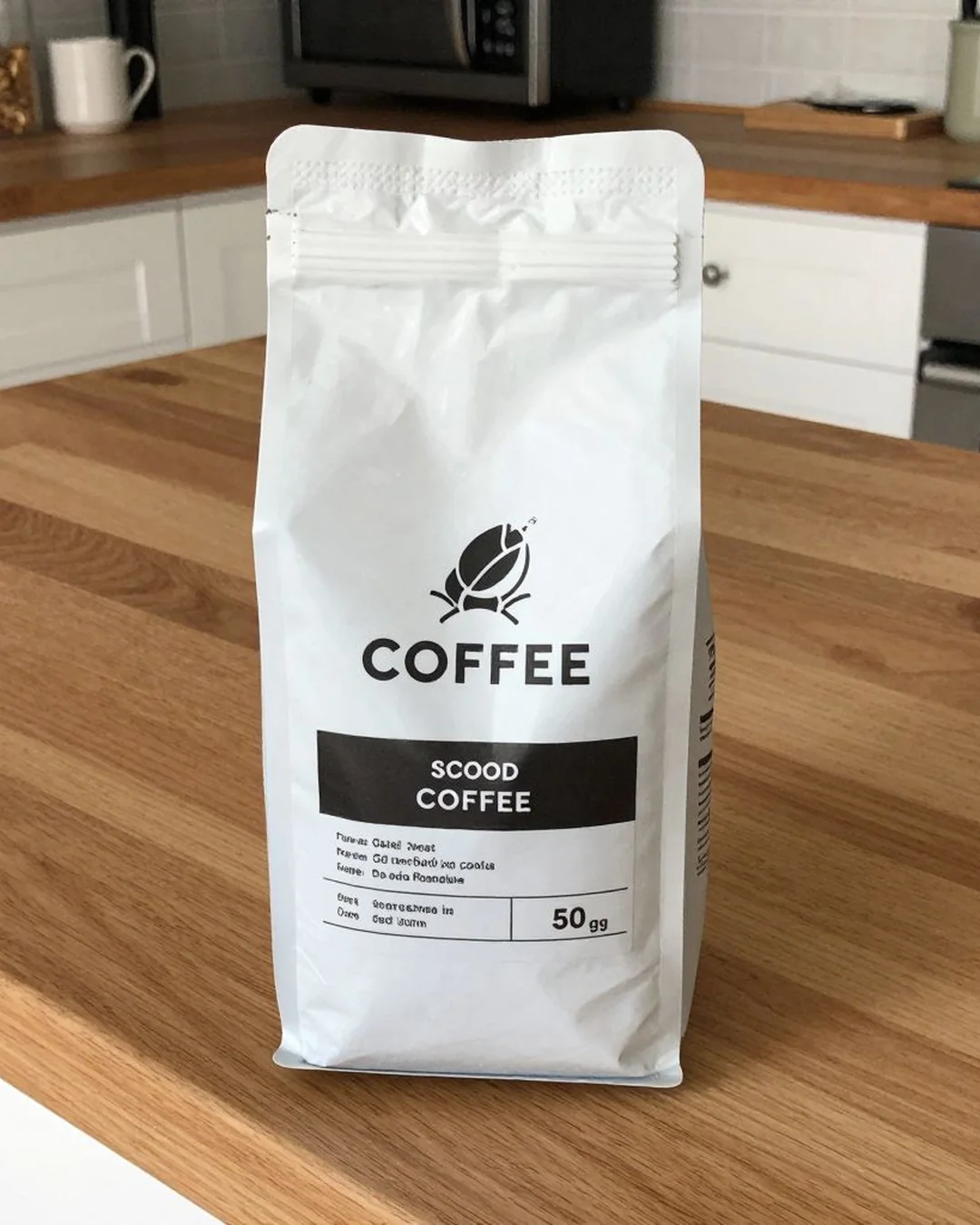 White coffee bag on a wooden kitchen counter